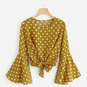 Fluted Sleeve Polka Dot Knot Front Top